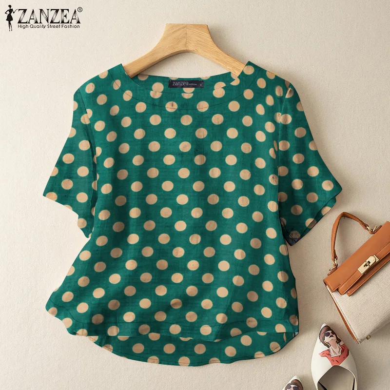ZANZEA Casual Loose Polka Dot Blouses Women 2024 Summer Half Sleeve O Neck Blusas Mujer Holiday Fashion Everyday Shirt Tops