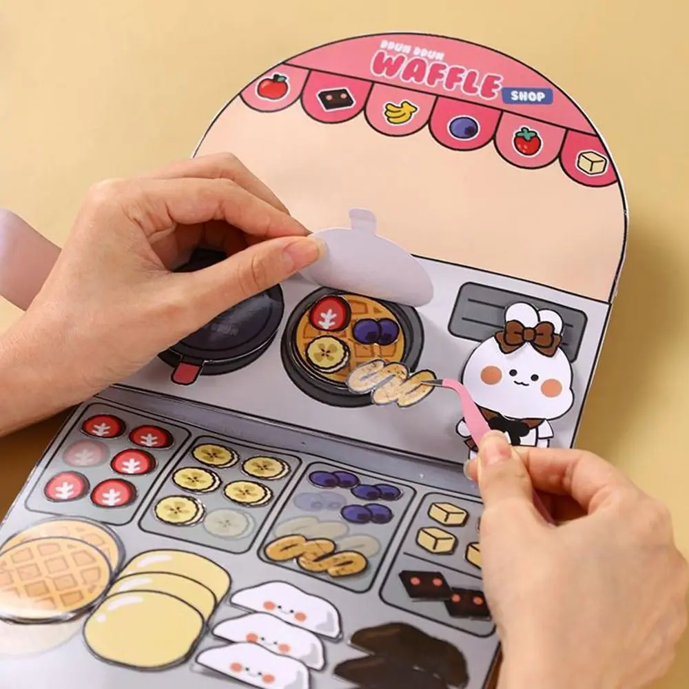 Colorful DIY Waffle Quiet Book Bread Paper Snack Bar Sticker Game. Handmade Toy Fried Chicken Cartoon Busy Book