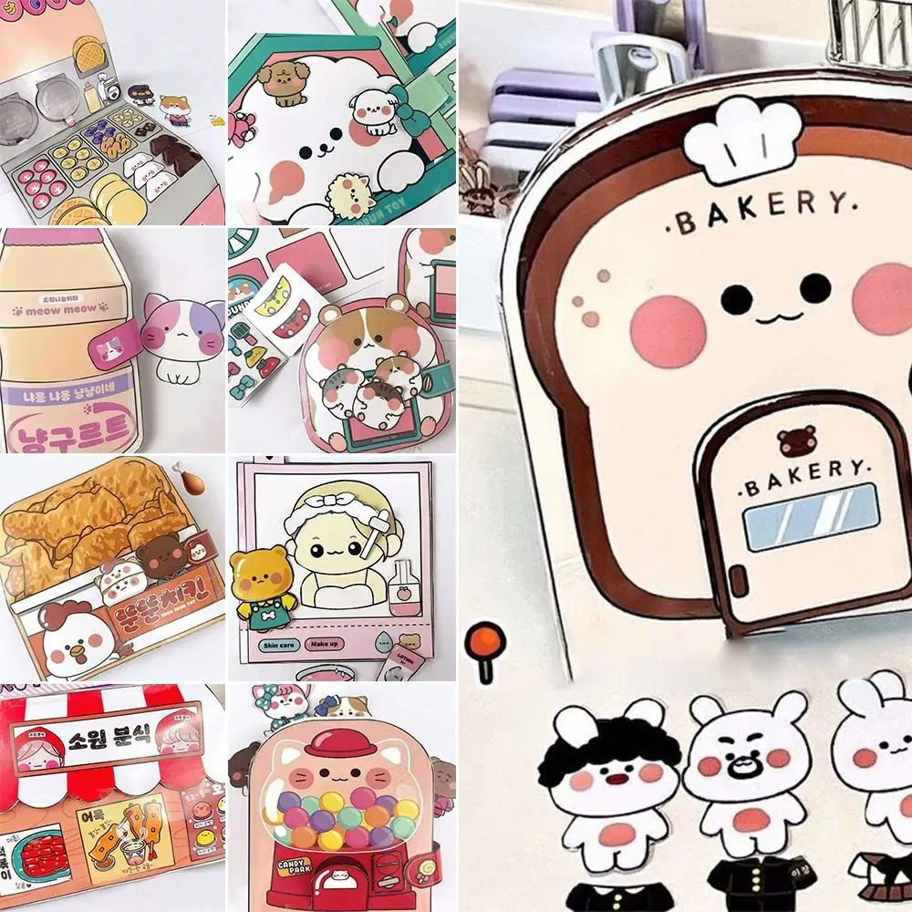 Colorful DIY Waffle Quiet Book Bread Paper Snack Bar Sticker Game. Handmade Toy Fried Chicken Cartoon Busy Book
