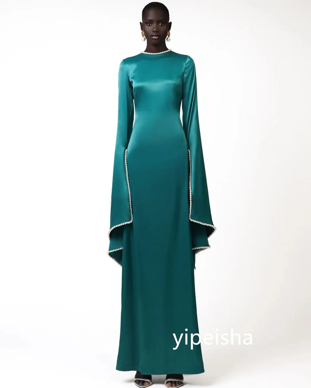 Customized Chinese Style Jersey Pearl A-line Scoop Neck Long Dresses Prom Dresses Classic Exquisite Modern Style Pastrol Unisex