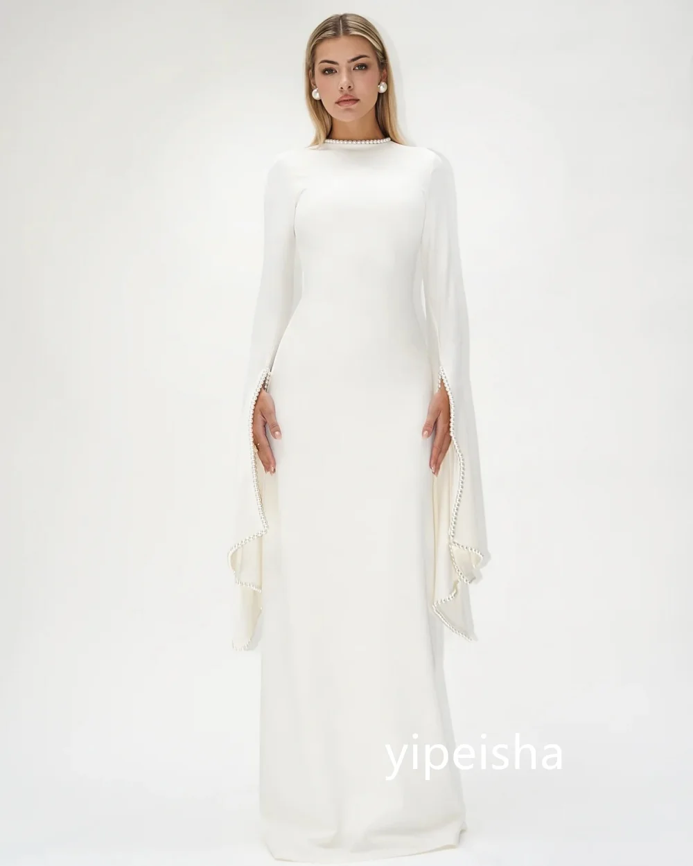 Customized Chinese Style Jersey Pearl A-line Scoop Neck Long Dresses Prom Dresses Classic Exquisite Modern Style Pastrol Unisex