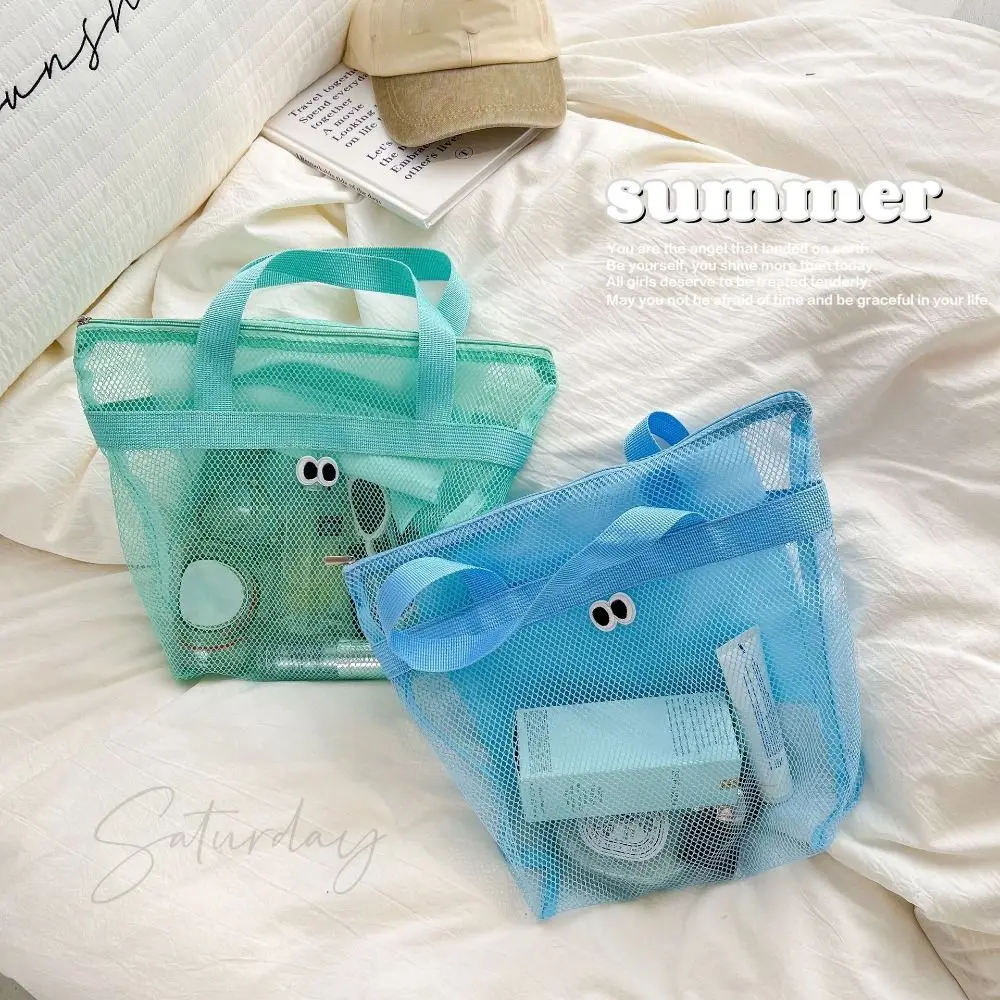 Beach Mesh Wash Bag Cosmetic Bag Large Capacity Shopping Bag Totes Shoulder Bag Portable Handbags Foldable Swimming Storage Bag