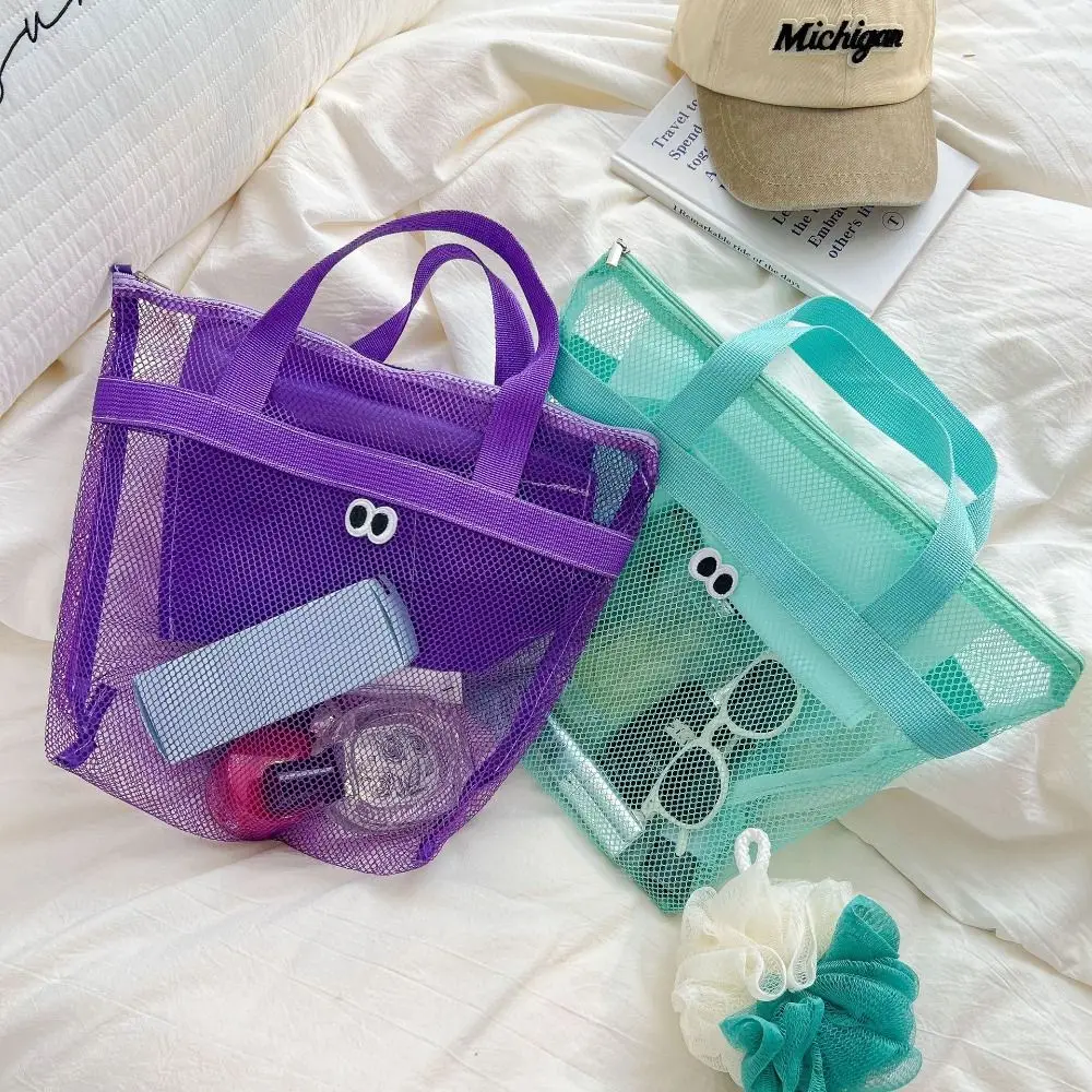 Beach Mesh Wash Bag Cosmetic Bag Large Capacity Shopping Bag Totes Shoulder Bag Portable Handbags Foldable Swimming Storage Bag