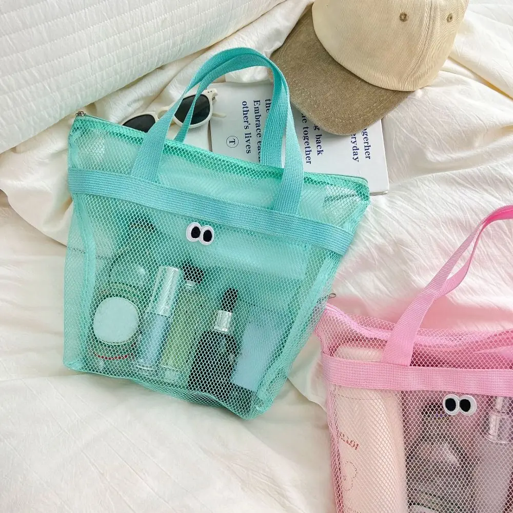 Beach Mesh Wash Bag Cosmetic Bag Large Capacity Shopping Bag Totes Shoulder Bag Portable Handbags Foldable Swimming Storage Bag