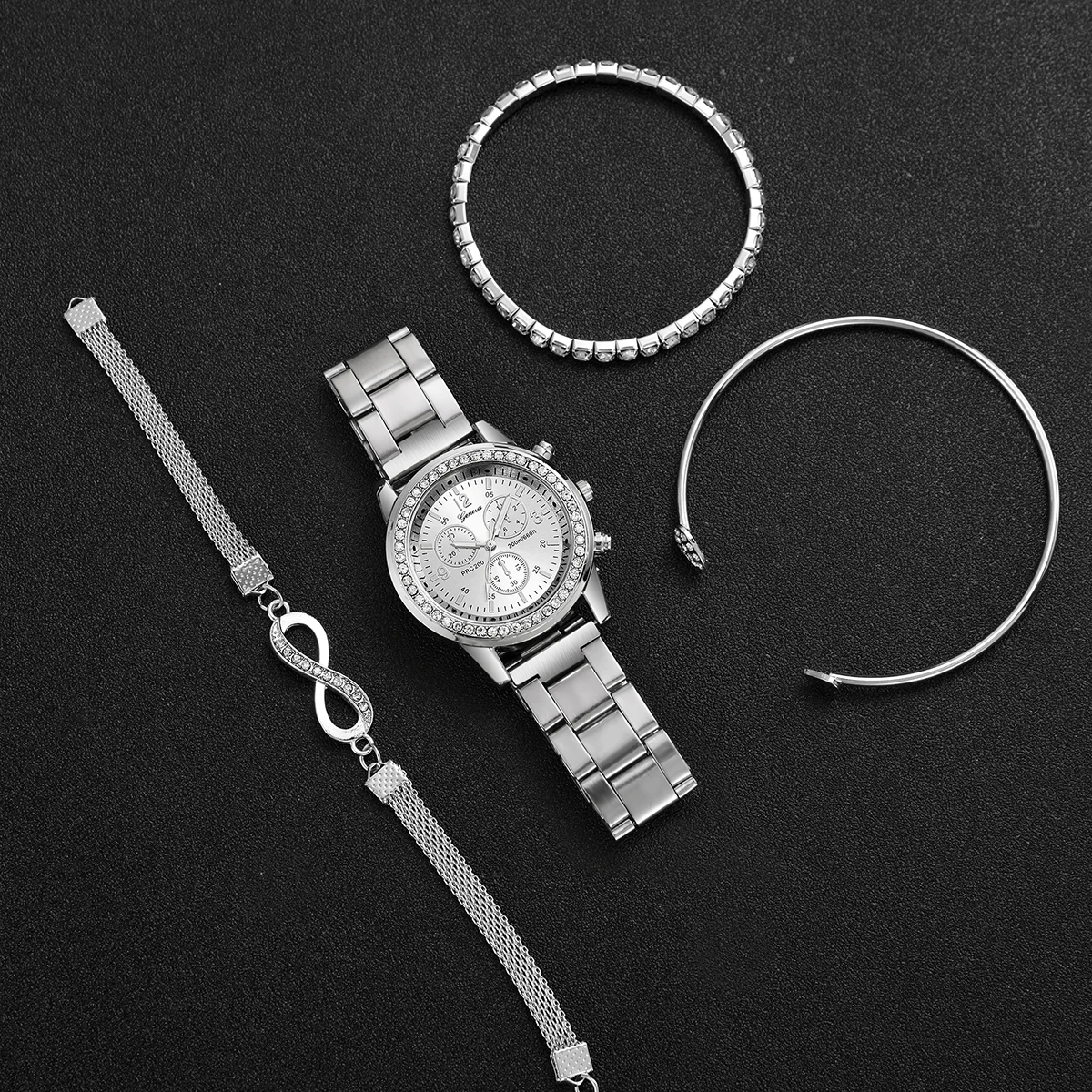 4PCS/Set Fashion Rhinestone Women‘s Watch Stainless Steel Band Quartz Watches Silver Bracelets Set