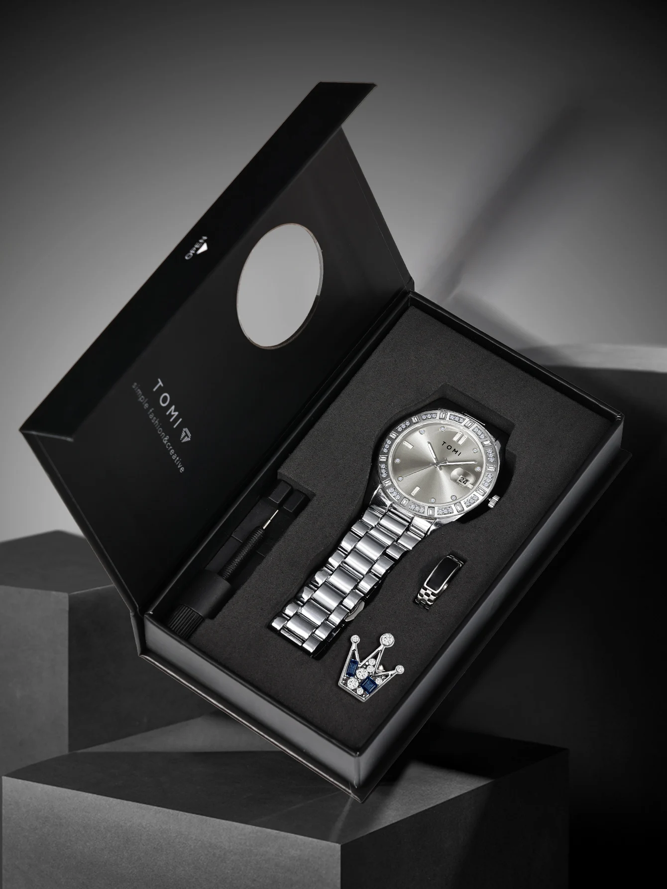 TOMI 4PCS Luxury Business Men's Watch Gift Box Set Luxury Diamond Case Calendar Stainless Steel Strap Quartz Watch Men's Clock