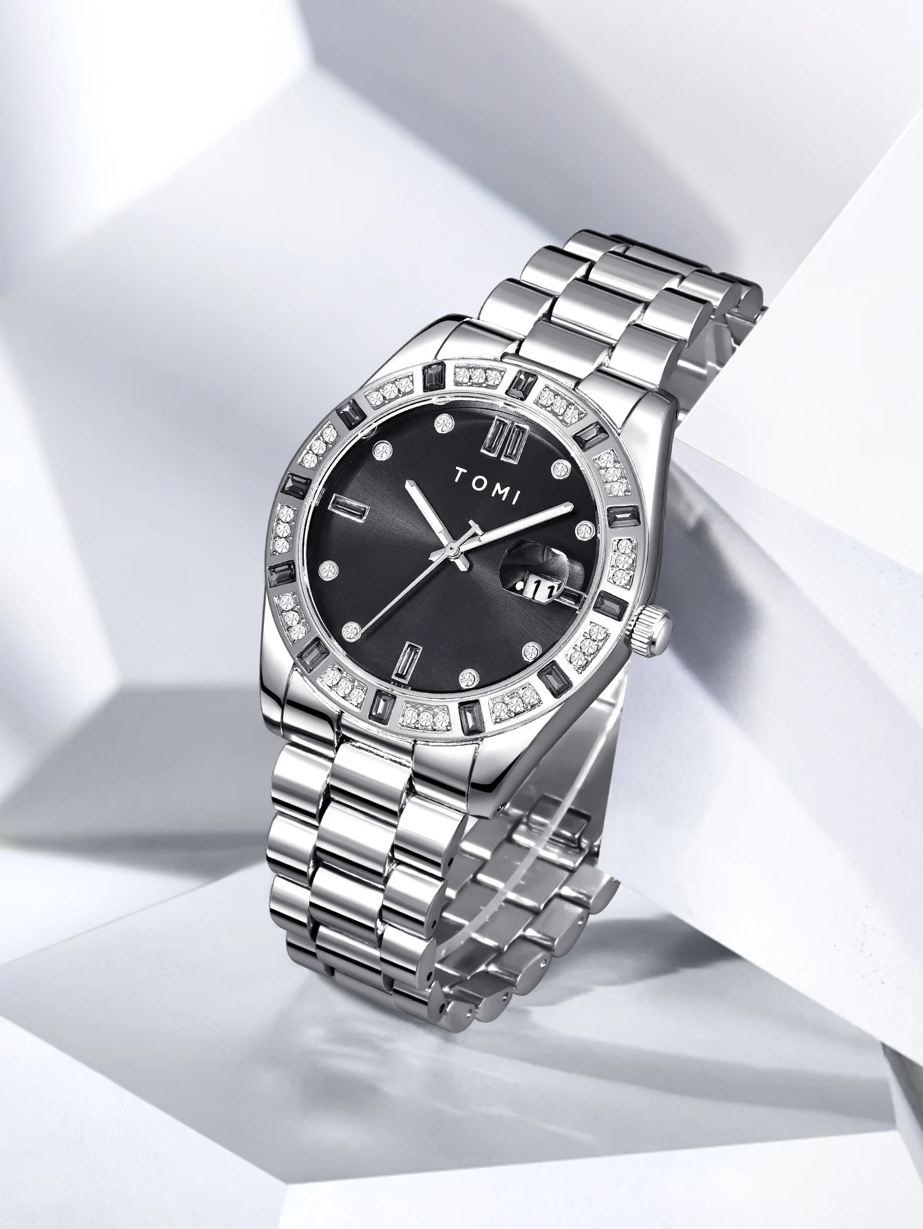 TOMI 4PCS Luxury Business Men's Watch Gift Box Set Luxury Diamond Case Calendar Stainless Steel Strap Quartz Watch Men's Clock