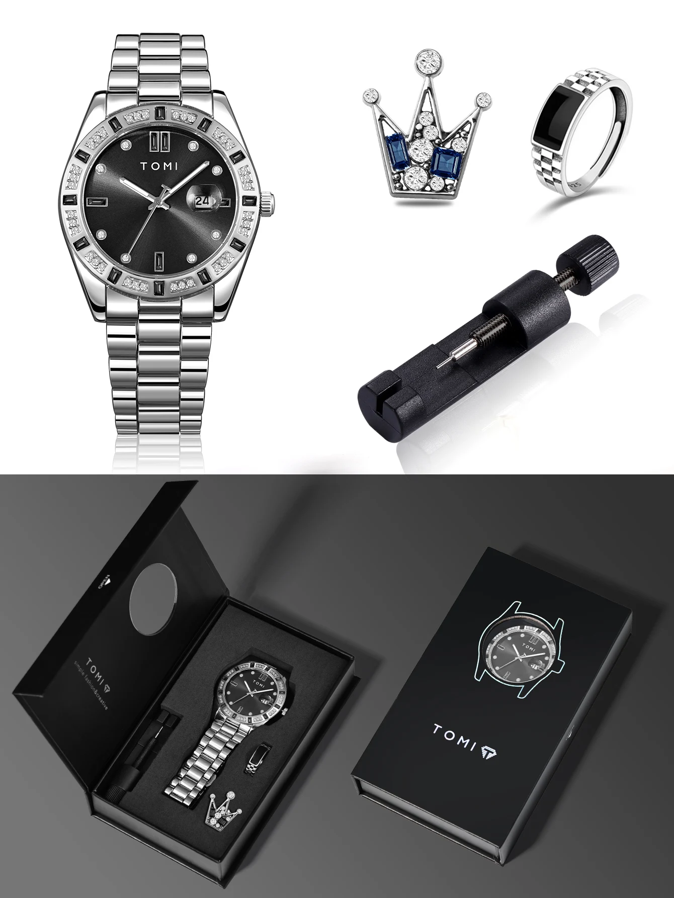 TOMI 4PCS Luxury Business Men's Watch Gift Box Set Luxury Diamond Case Calendar Stainless Steel Strap Quartz Watch Men's Clock