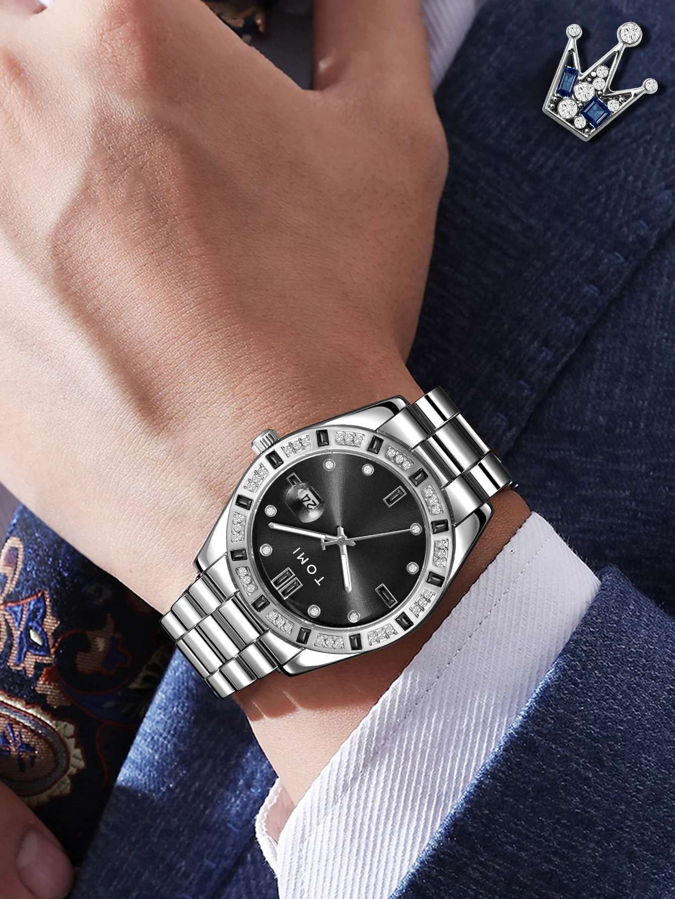 TOMI 4PCS Luxury Business Men's Watch Gift Box Set Luxury Diamond Case Calendar Stainless Steel Strap Quartz Watch Men's Clock