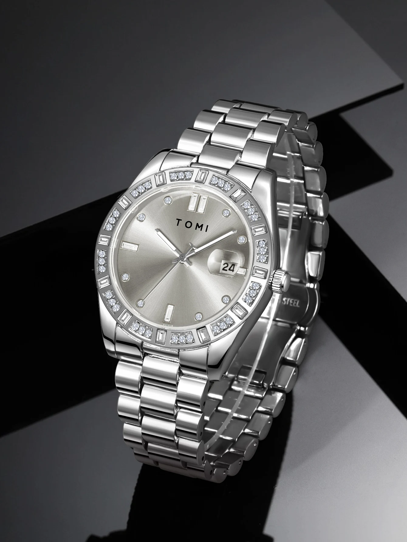 TOMI 4PCS Luxury Business Men's Watch Gift Box Set Luxury Diamond Case Calendar Stainless Steel Strap Quartz Watch Men's Clock