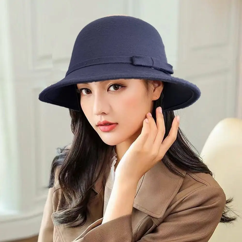 Autumn Winter Vintage Felt Fedora Hats Bowknot Dome Jazz Hat Soft Elegant Bucket Cap for Women