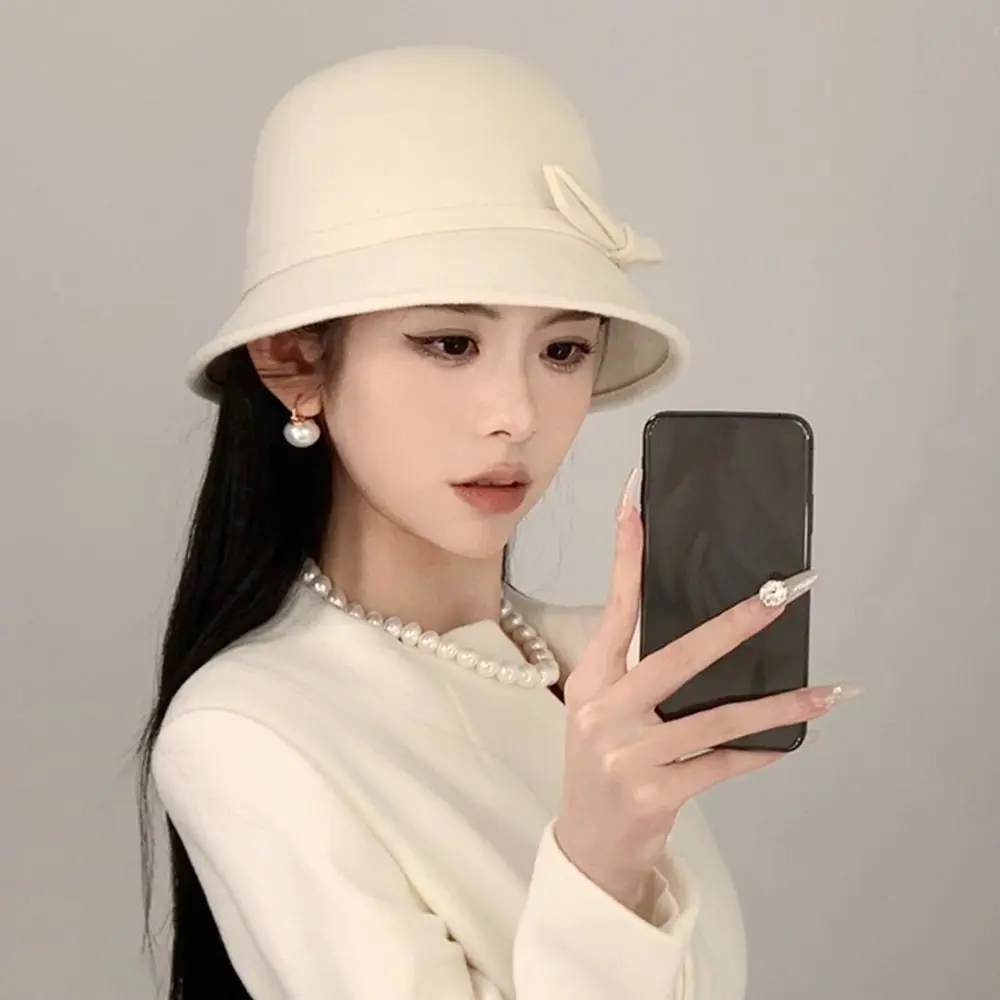 Autumn Winter Vintage Felt Fedora Hats Bowknot Dome Jazz Hat Soft Elegant Bucket Cap for Women