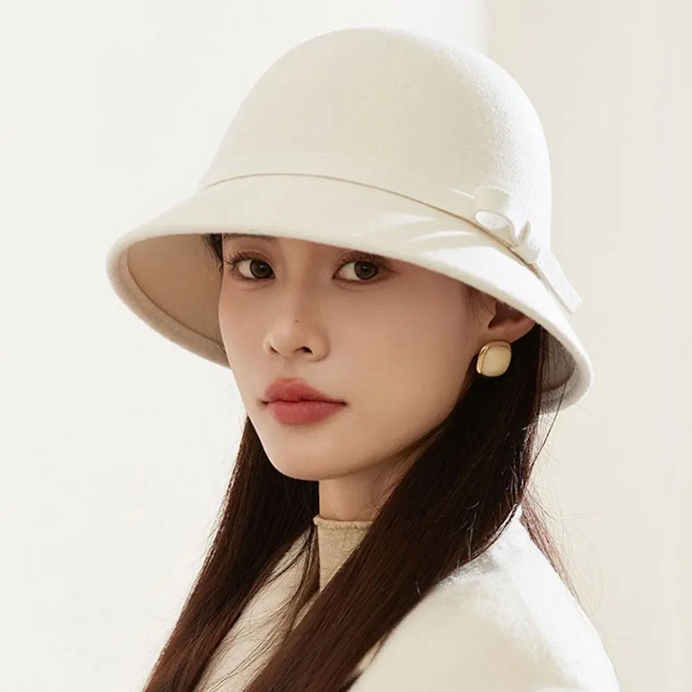 Autumn Winter Vintage Felt Fedora Hats Bowknot Dome Jazz Hat Soft Elegant Bucket Cap for Women