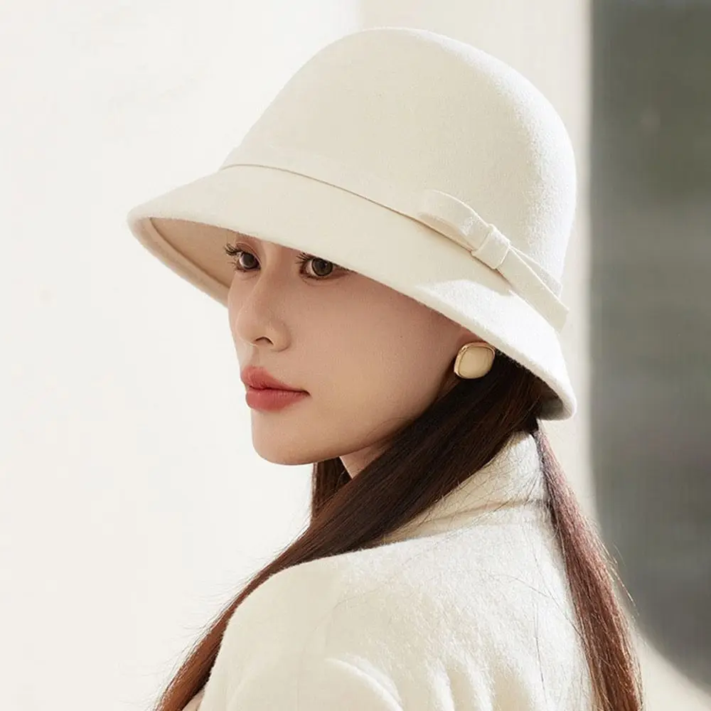 Autumn Winter Vintage Felt Fedora Hats Bowknot Dome Jazz Hat Soft Elegant Bucket Cap for Women