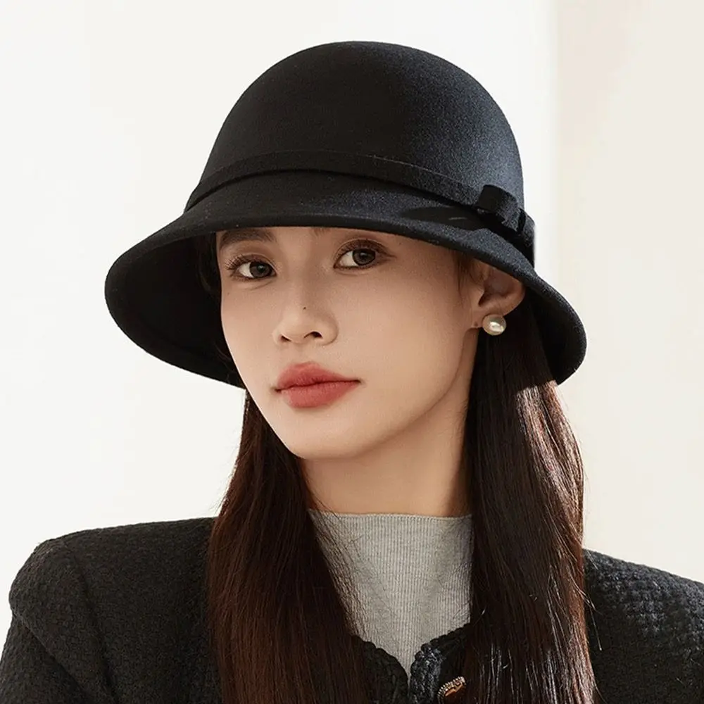 Autumn Winter Vintage Felt Fedora Hats Bowknot Dome Jazz Hat Soft Elegant Bucket Cap for Women