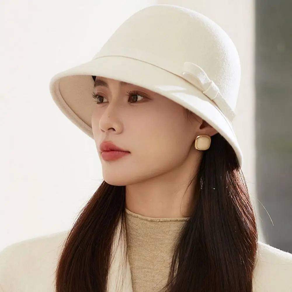 Autumn Winter Vintage Felt Fedora Hats Bowknot Dome Jazz Hat Soft Elegant Bucket Cap for Women