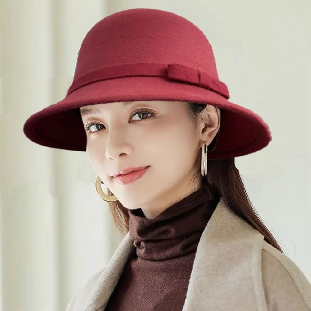 Autumn Winter Vintage Felt Fedora Hats Bowknot Dome Jazz Hat Soft Elegant Bucket Cap for Women
