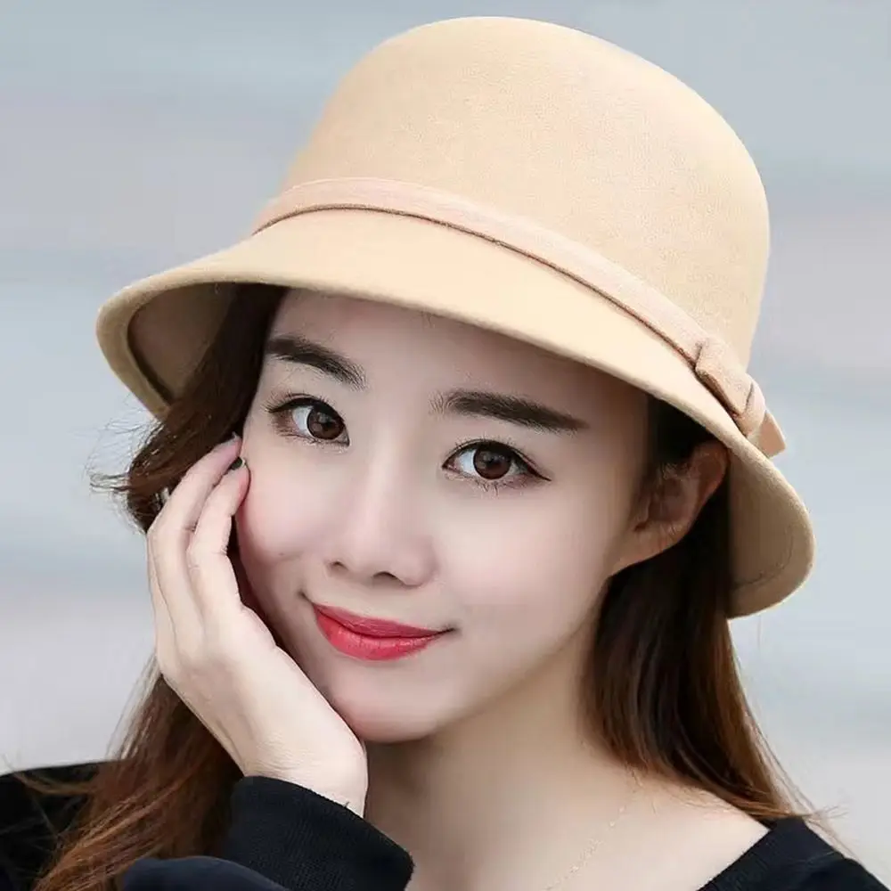 Autumn Winter Vintage Felt Fedora Hats Bowknot Dome Jazz Hat Soft Elegant Bucket Cap for Women