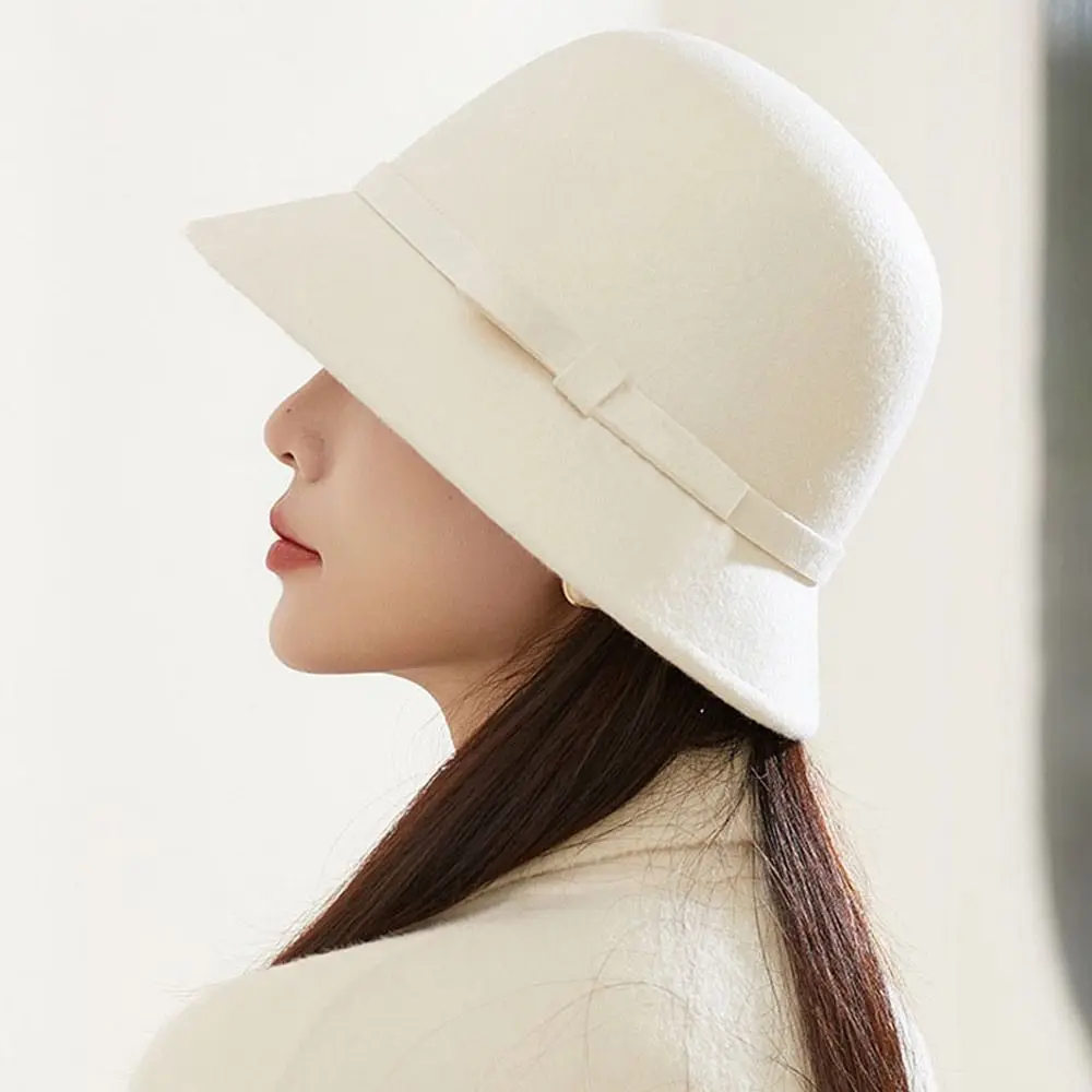 Autumn Winter Vintage Felt Fedora Hats Bowknot Dome Jazz Hat Soft Elegant Bucket Cap for Women