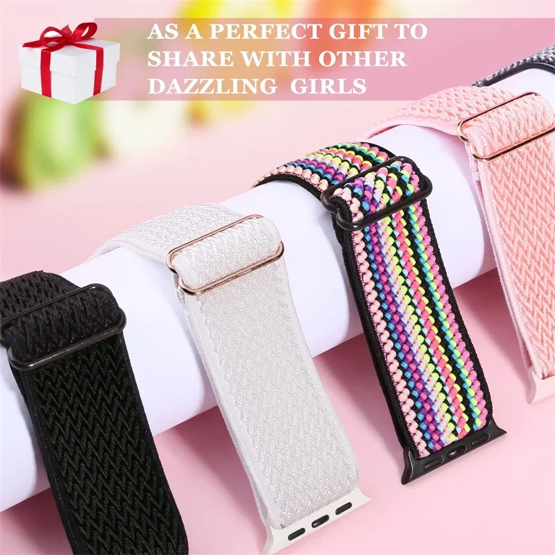 Bohemian Nylon Strap for Apple Watch ultra 2 49mm 41mm 45mm 38/40/44mm Elastic Shiny Bracelet iWatch Series 9/8/7 6 5 4 Se Band