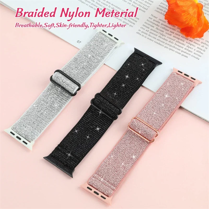 Bohemian Nylon Strap for Apple Watch ultra 2 49mm 41mm 45mm 38/40/44mm Elastic Shiny Bracelet iWatch Series 9/8/7 6 5 4 Se Band