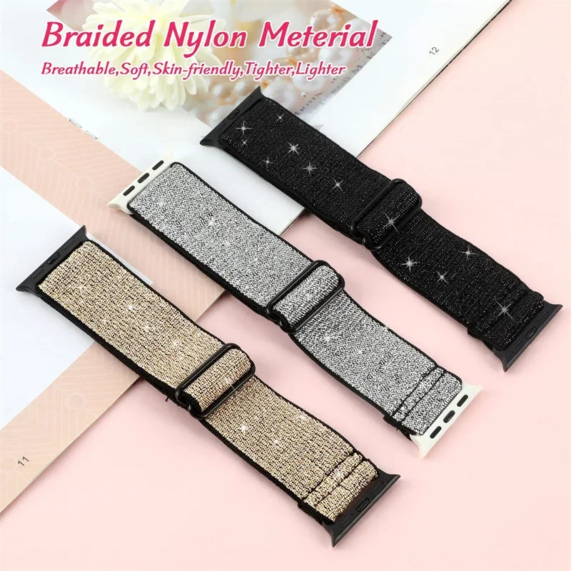 Bohemian Nylon Strap for Apple Watch ultra 2 49mm 41mm 45mm 38/40/44mm Elastic Shiny Bracelet iWatch Series 9/8/7 6 5 4 Se Band