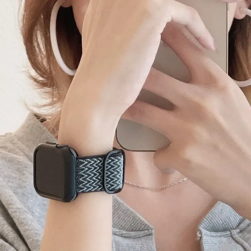 Bohemian Nylon Strap for Apple Watch ultra 2 49mm 41mm 45mm 38/40/44mm Elastic Shiny Bracelet iWatch Series 9/8/7 6 5 4 Se Band