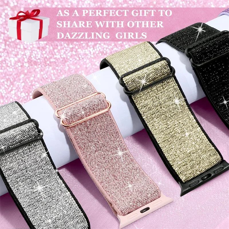 Bohemian Nylon Strap for Apple Watch ultra 2 49mm 41mm 45mm 38/40/44mm Elastic Shiny Bracelet iWatch Series 9/8/7 6 5 4 Se Band