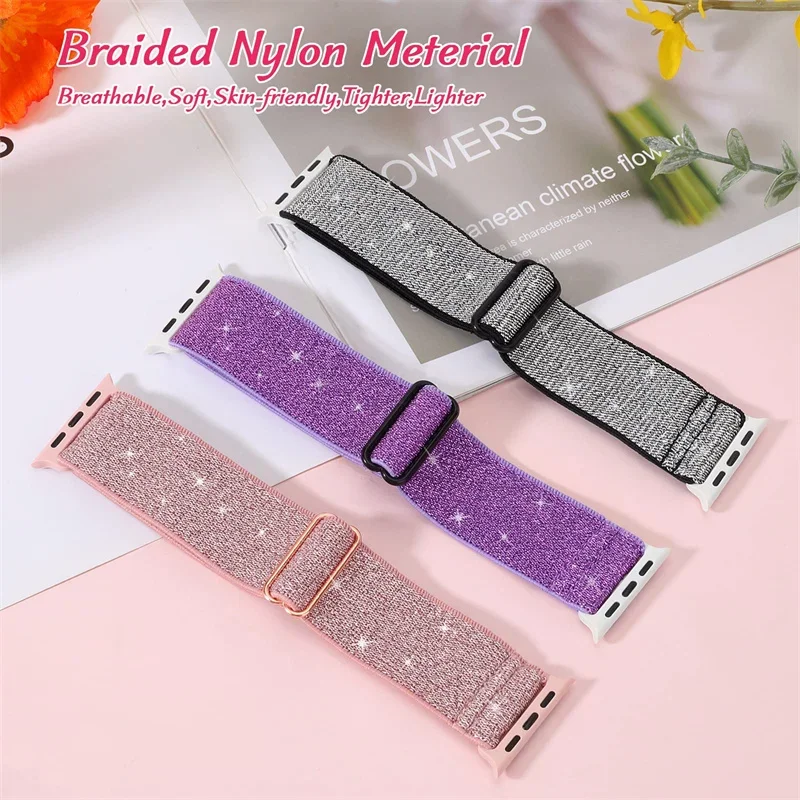 Bohemian Nylon Strap for Apple Watch ultra 2 49mm 41mm 45mm 38/40/44mm Elastic Shiny Bracelet iWatch Series 9/8/7 6 5 4 Se Band