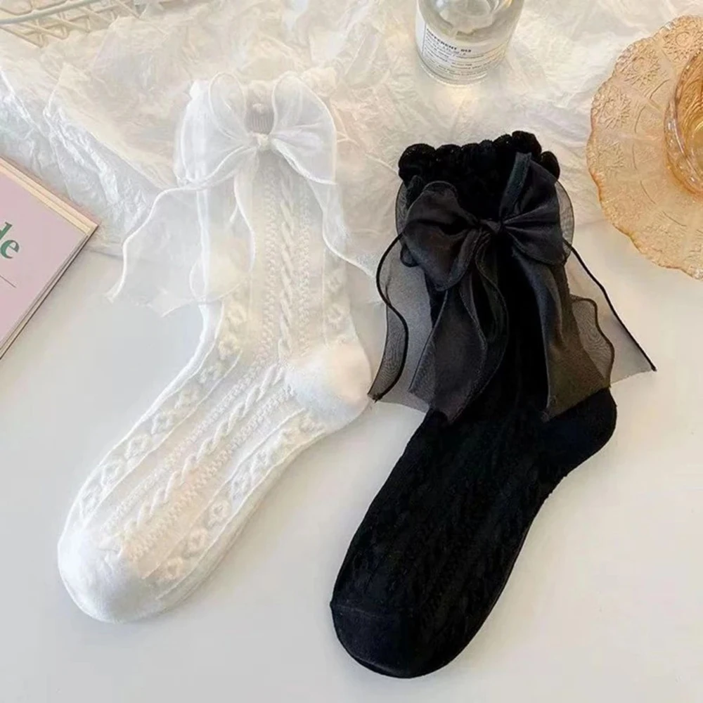6 Pairs Women Butterfly Bow Decoration Fashionable Round Neck Socks Versatile Suitable Daily Life Soft Comfortable Casual Socks
