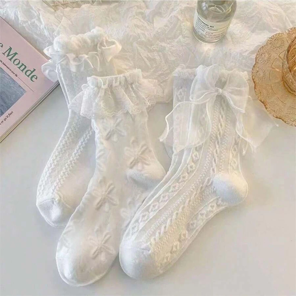 6 Pairs Women Butterfly Bow Decoration Fashionable Round Neck Socks Versatile Suitable Daily Life Soft Comfortable Casual Socks