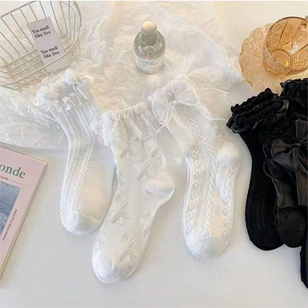 6 Pairs Women Butterfly Bow Decoration Fashionable Round Neck Socks Versatile Suitable Daily Life Soft Comfortable Casual Socks