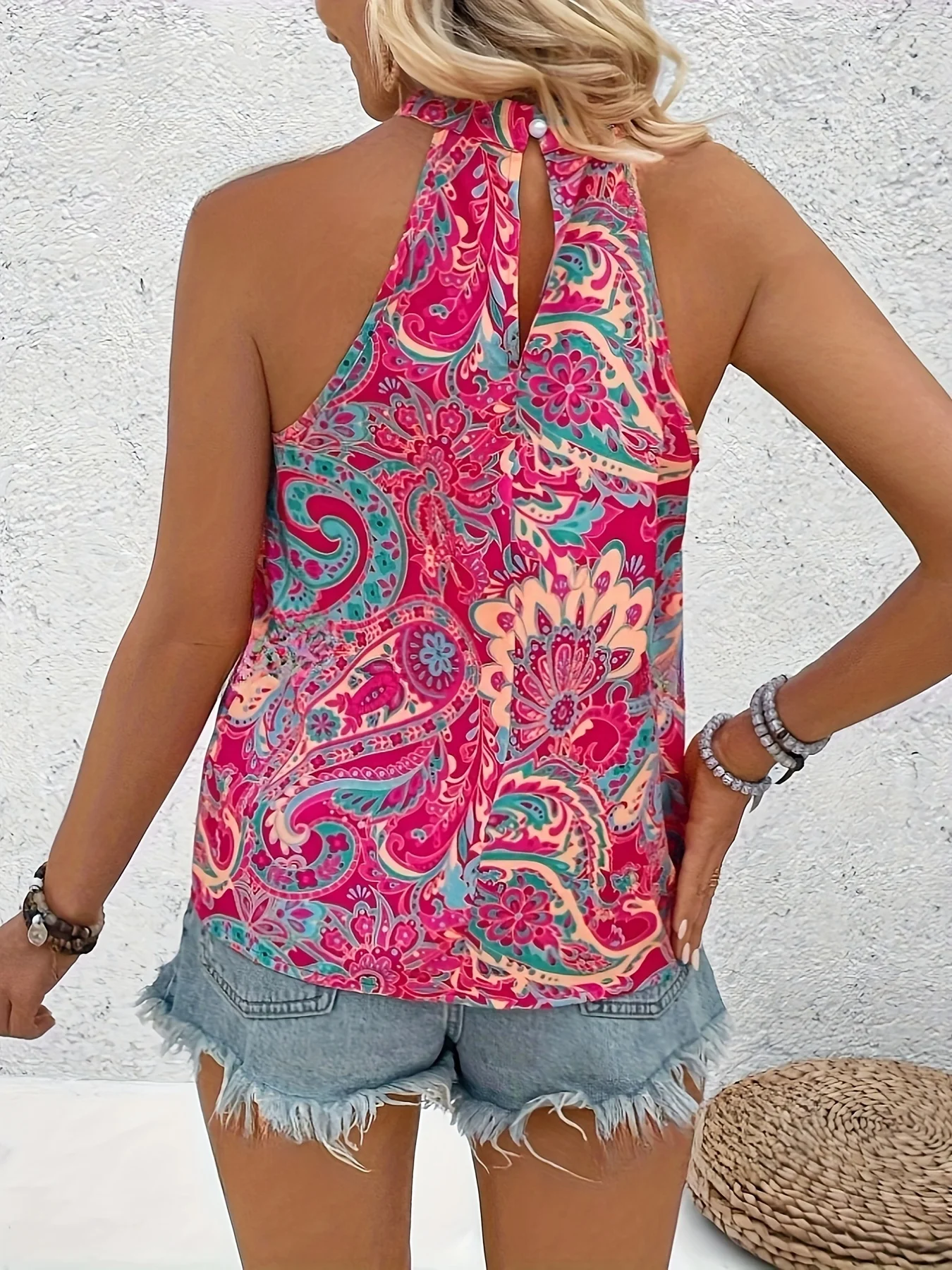 New Elegant Women's Summer Tank Tops Casual Floral Print Top Vacation Pleated Halterneck Sleeveless Camisole Shirt