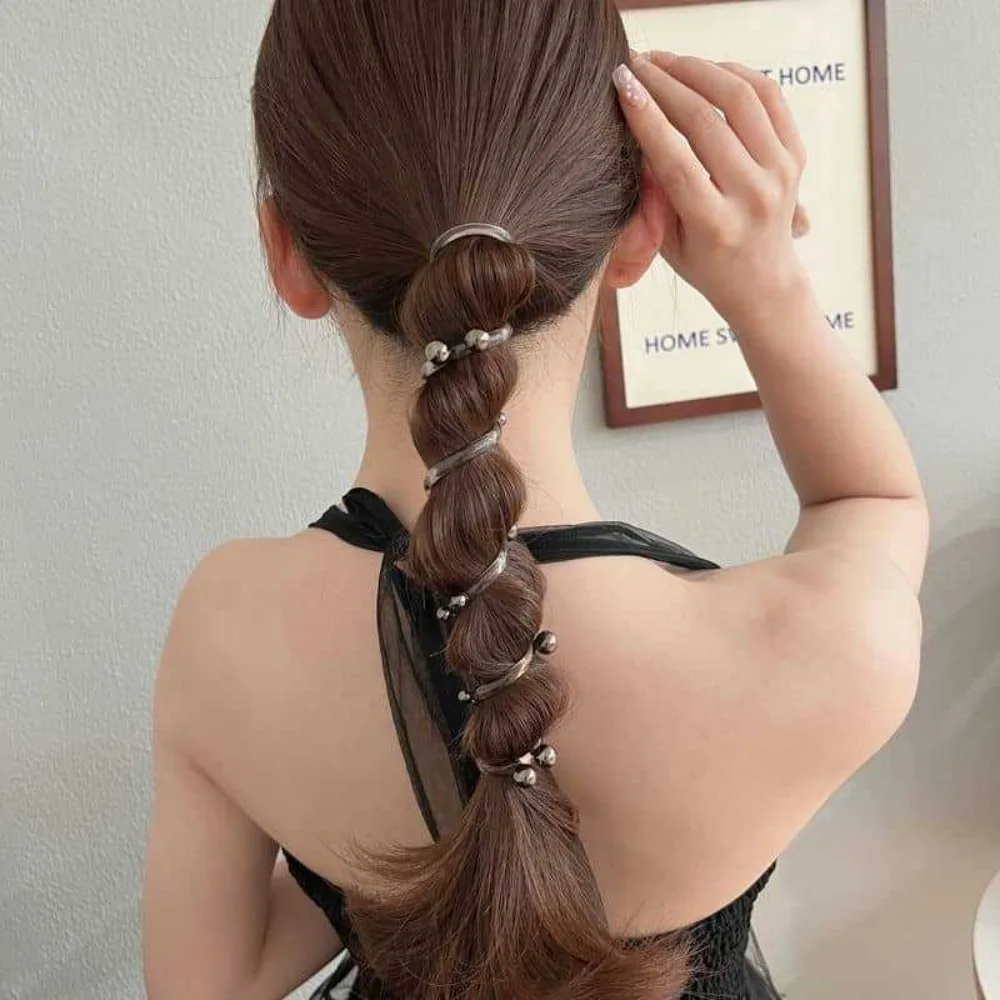 Fashion Telephone Wire Elastic Hair Band Bubble Braid Pearl Phone Cord Hair Tie Hair Accessories Spiral Rubber Band Women