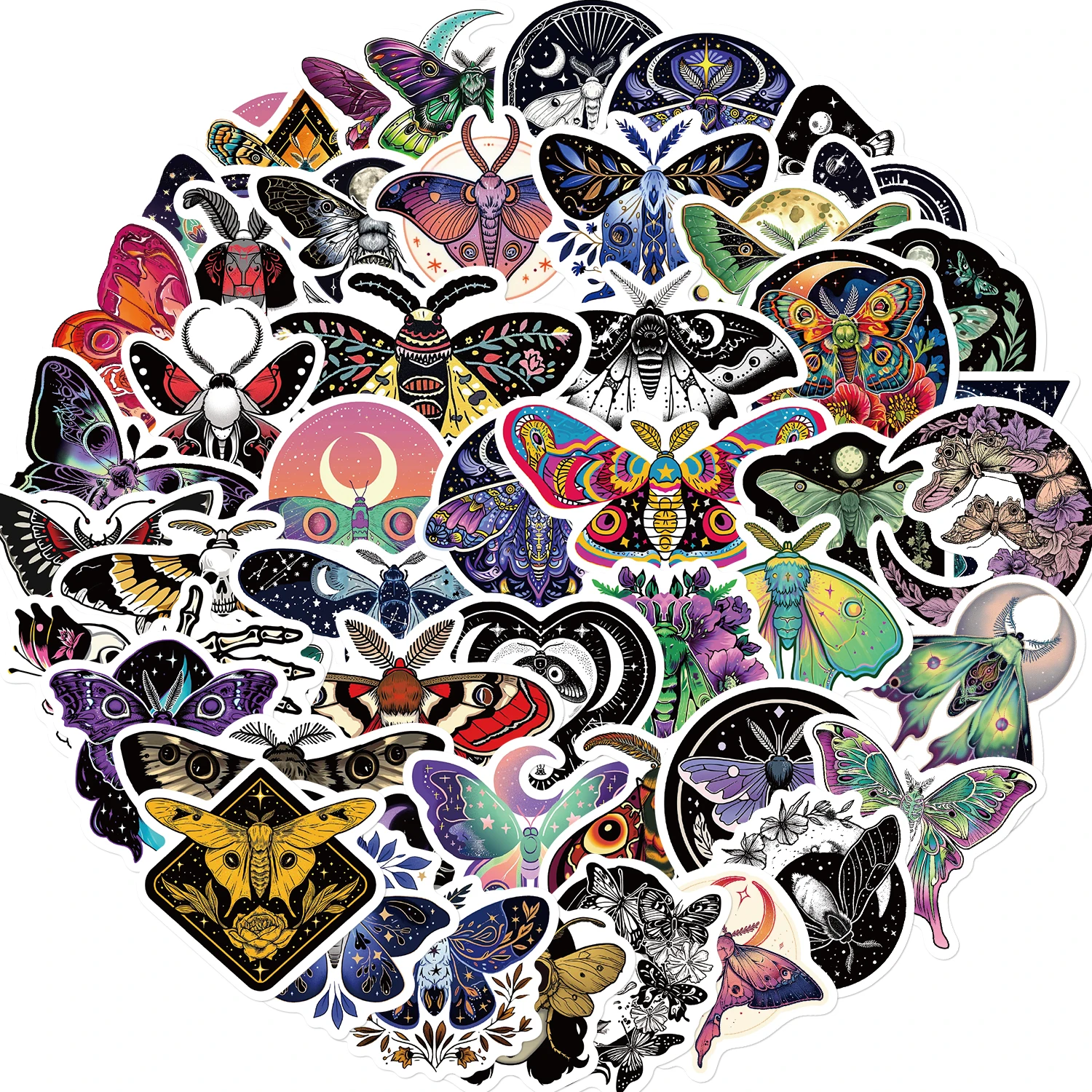 50PCS Moon And Moth Stickers PVC Cartoon Cute Decals Toy Stationery Guitar Phone Aesthetic Decorations Refrigerator Supplies
