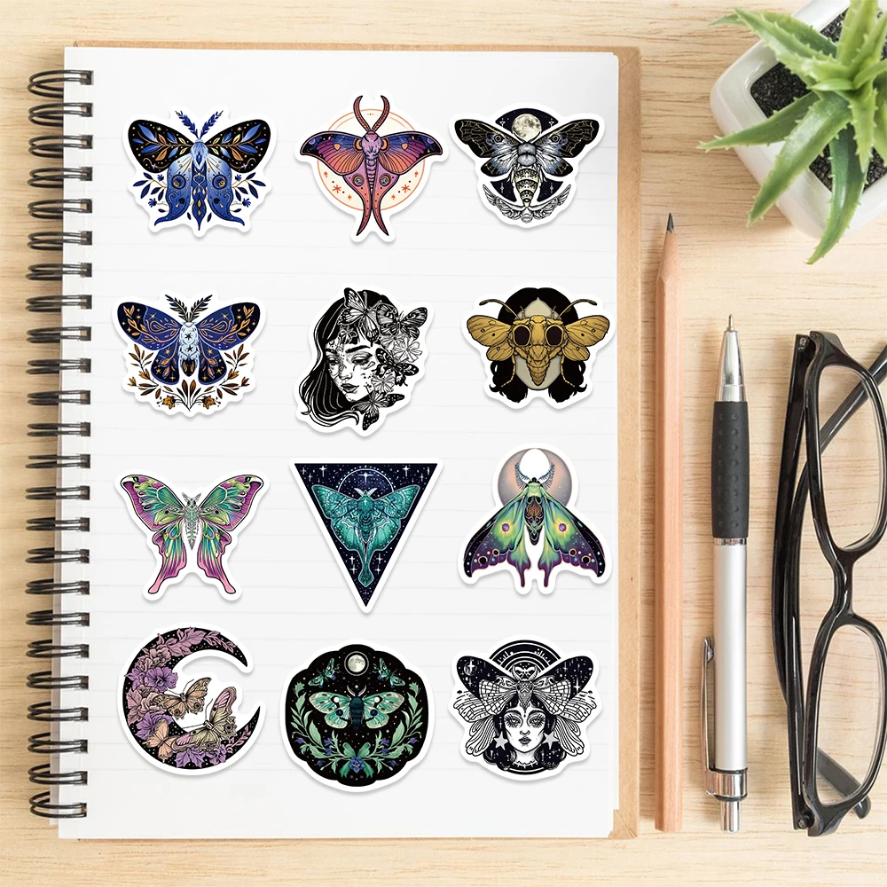 50PCS Moon And Moth Stickers PVC Cartoon Cute Decals Toy Stationery Guitar Phone Aesthetic Decorations Refrigerator Supplies