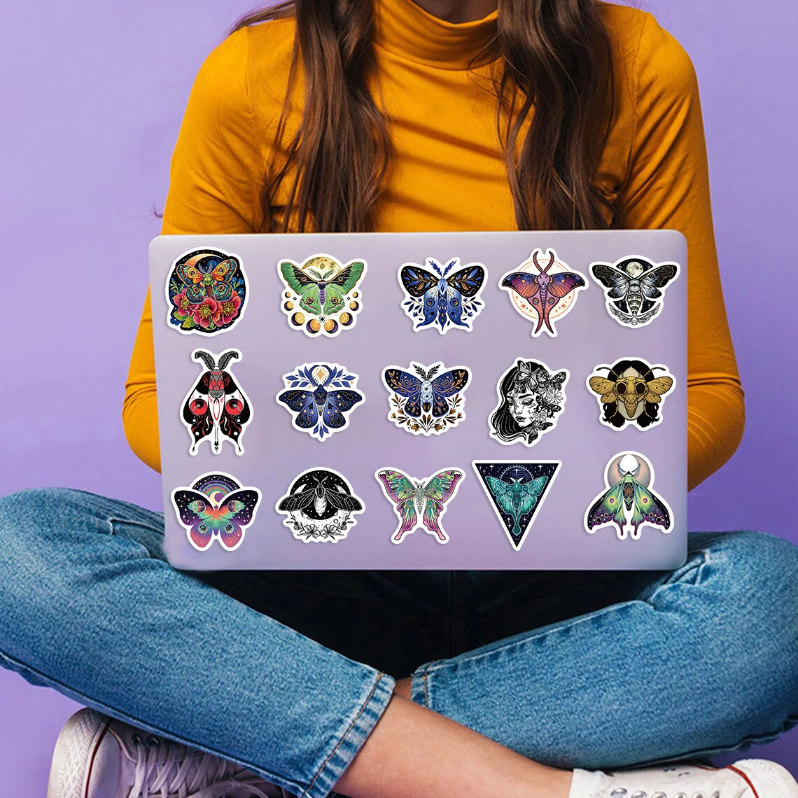50PCS Moon And Moth Stickers PVC Cartoon Cute Decals Toy Stationery Guitar Phone Aesthetic Decorations Refrigerator Supplies