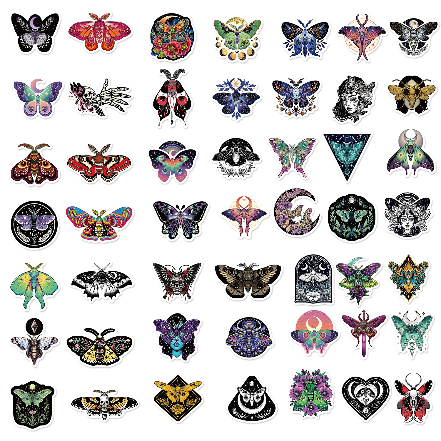 50PCS Moon And Moth Stickers PVC Cartoon Cute Decals Toy Stationery Guitar Phone Aesthetic Decorations Refrigerator Supplies