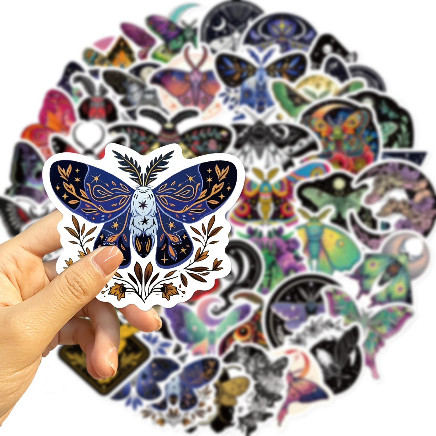 50PCS Moon And Moth Stickers PVC Cartoon Cute Decals Toy Stationery Guitar Phone Aesthetic Decorations Refrigerator Supplies