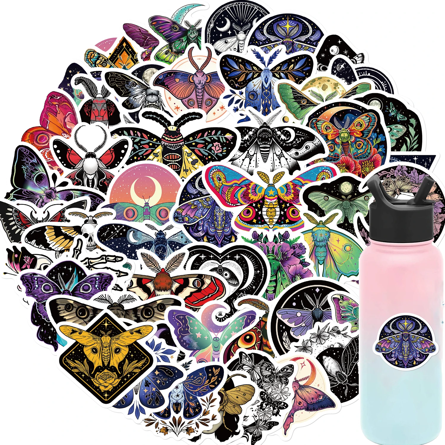 50PCS Moon And Moth Stickers PVC Cartoon Cute Decals Toy Stationery Guitar Phone Aesthetic Decorations Refrigerator Supplies