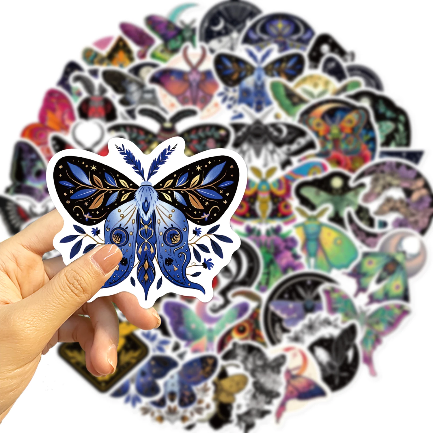 50PCS Moon And Moth Stickers PVC Cartoon Cute Decals Toy Stationery Guitar Phone Aesthetic Decorations Refrigerator Supplies