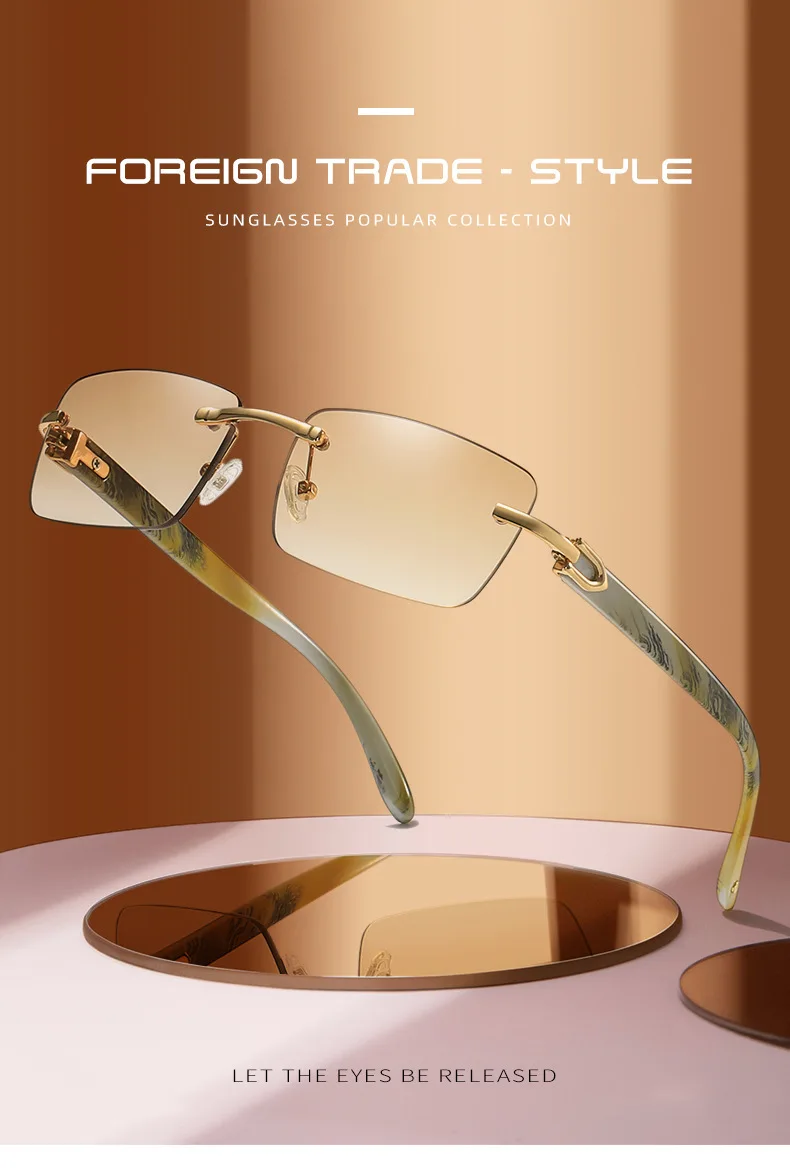 2024 New square rimless sunglasses Fashion cut edge men's glasses Jelly coloured women's sunglasses Fashion clothing Street beat