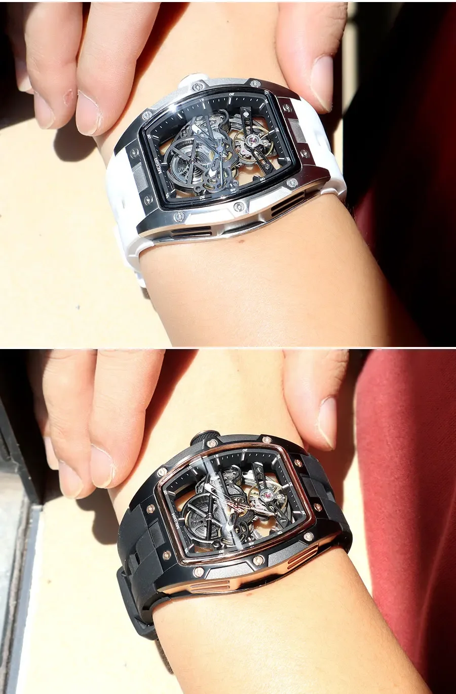 MEGIR Automatic Wristwatch Men Fashion Black Silicone Strap Wateproof Luminous Sport Mechanical Watch with Tonneau Dial 2242