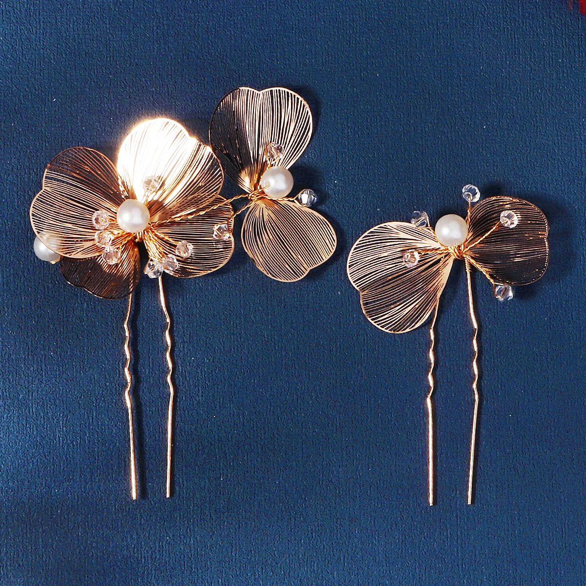 2PCS Golden Pearl Rhinestone Hairpin for Women Newest Bridal Wedding Hair Sticks Boho Style Headpieces Hair Accessories