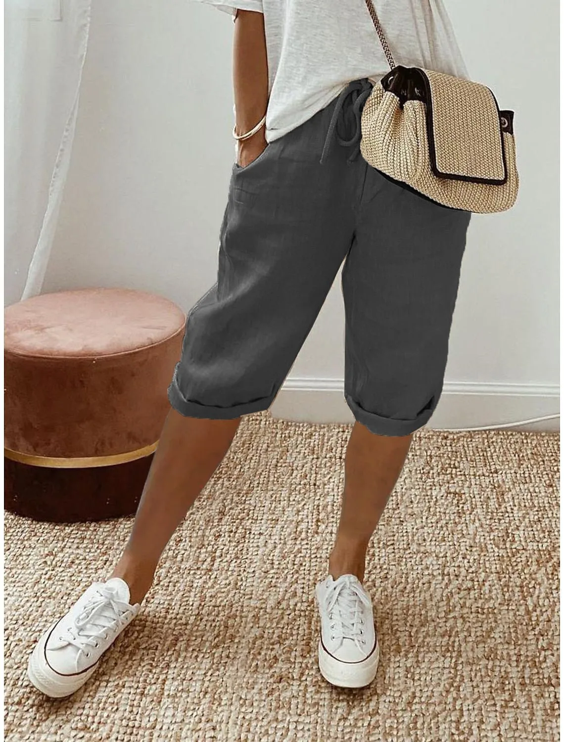 American Vintage Solid Lace Up Women's Cotton Linen Pants Elastic High Waist Wide-Leg Shorts With Pocket Streetwear Ladies Pants