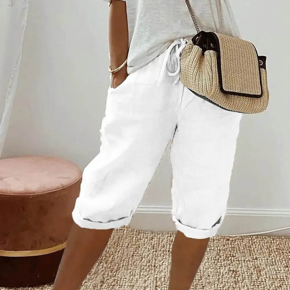 American Vintage Solid Lace Up Women's Cotton Linen Pants Elastic High Waist Wide-Leg Shorts With Pocket Streetwear Ladies Pants