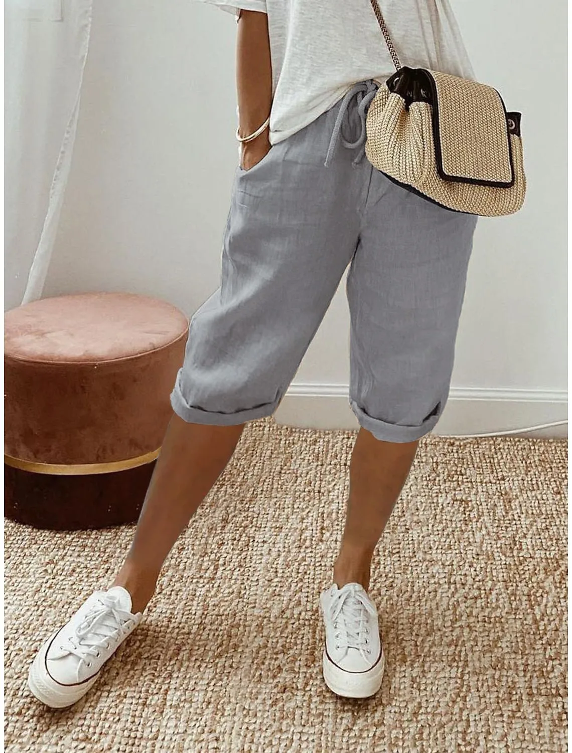 American Vintage Solid Lace Up Women's Cotton Linen Pants Elastic High Waist Wide-Leg Shorts With Pocket Streetwear Ladies Pants