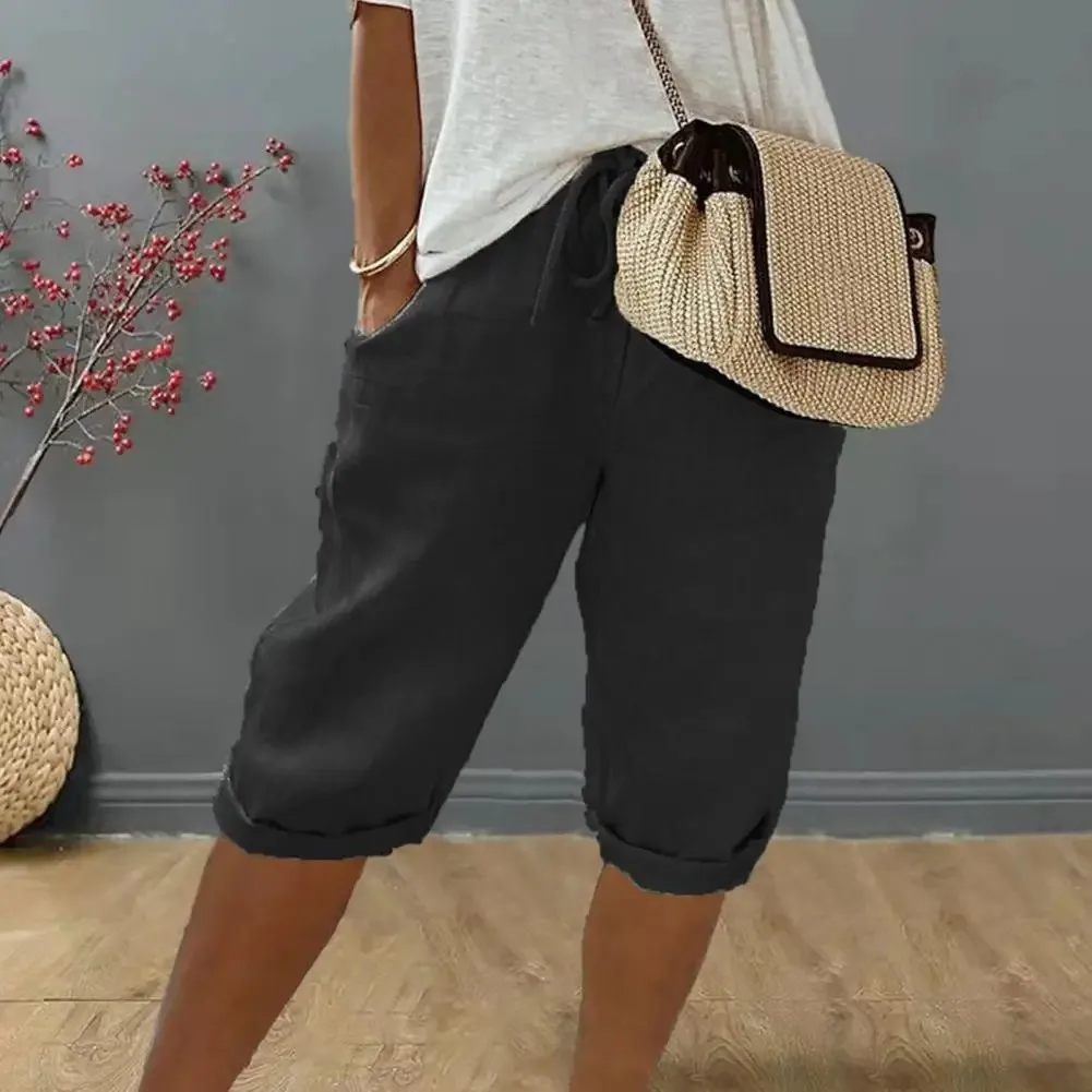 American Vintage Solid Lace Up Women's Cotton Linen Pants Elastic High Waist Wide-Leg Shorts With Pocket Streetwear Ladies Pants