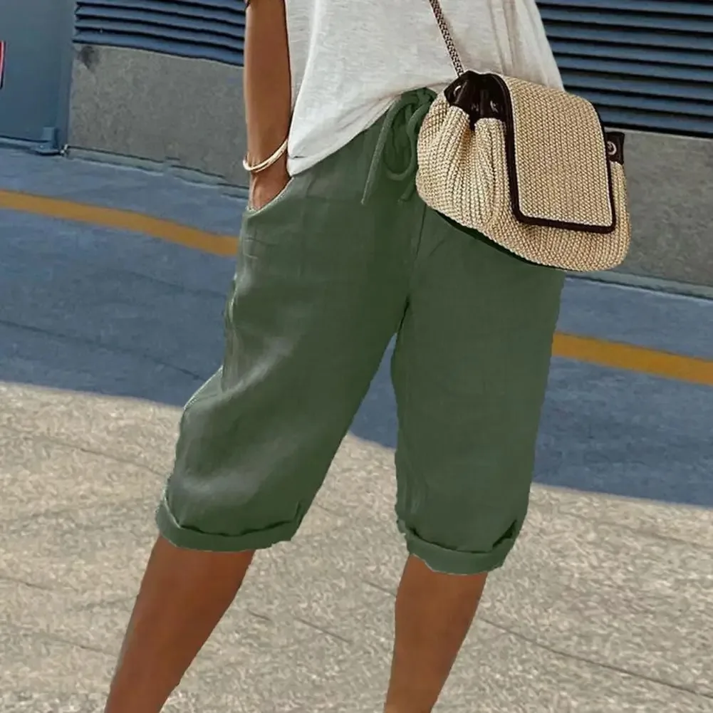American Vintage Solid Lace Up Women's Cotton Linen Pants Elastic High Waist Wide-Leg Shorts With Pocket Streetwear Ladies Pants