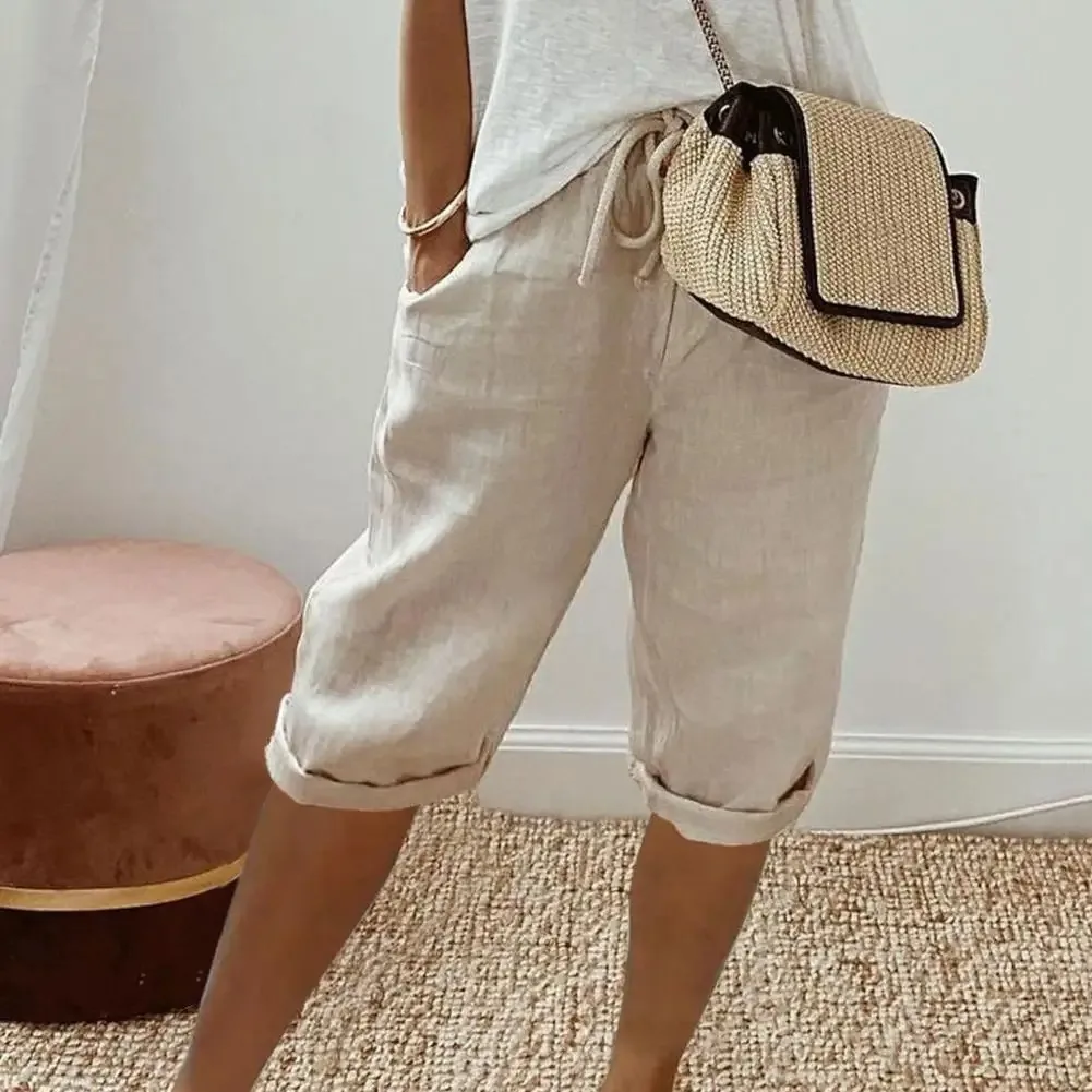 American Vintage Solid Lace Up Women's Cotton Linen Pants Elastic High Waist Wide-Leg Shorts With Pocket Streetwear Ladies Pants